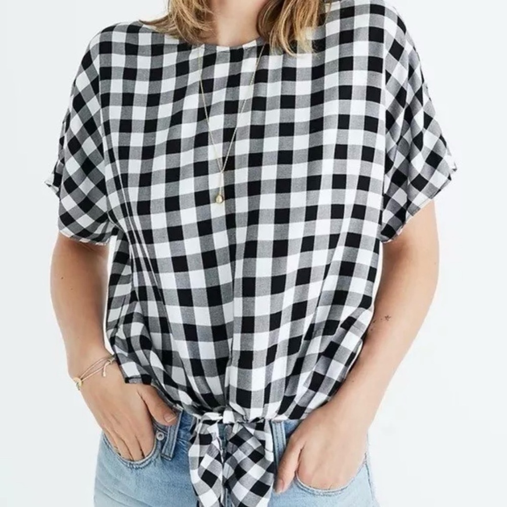 NWT Madewell Women’s Medium Black White Buffalo Check Short Sleeve Top Tie Front